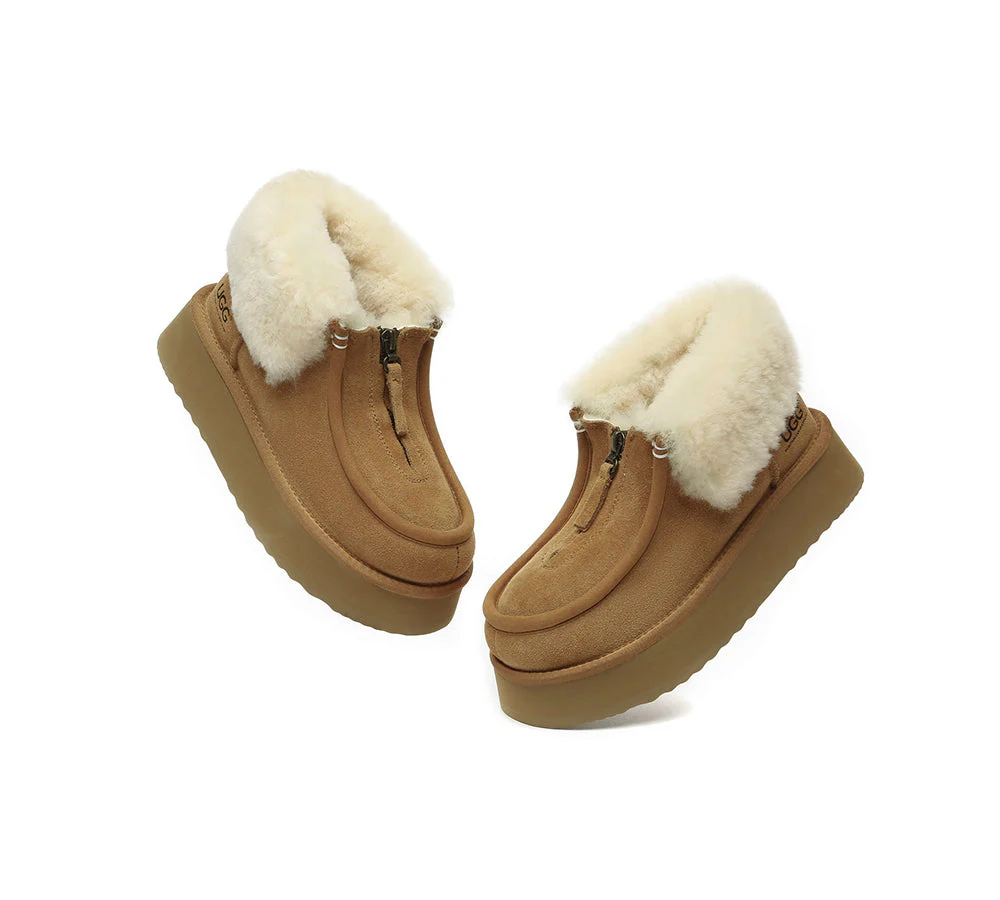 AUSTRALIAN SHEPHERD? UGG Boots Sheepskin Wool Collar Zipper Platform Ankle Boots