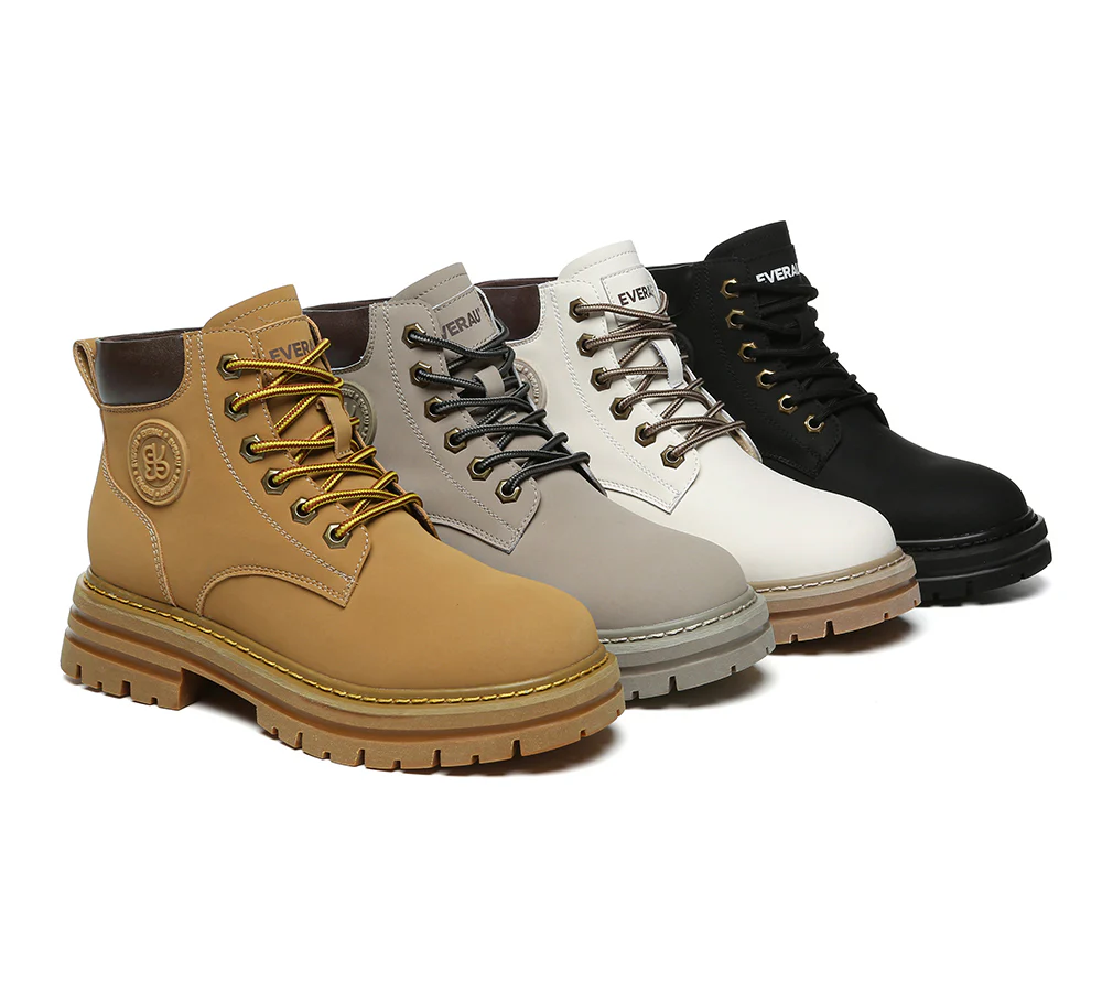 EVERAU? UGG Boots Women Leather Sheepskin Wool Lace Up Chunky Aubrey