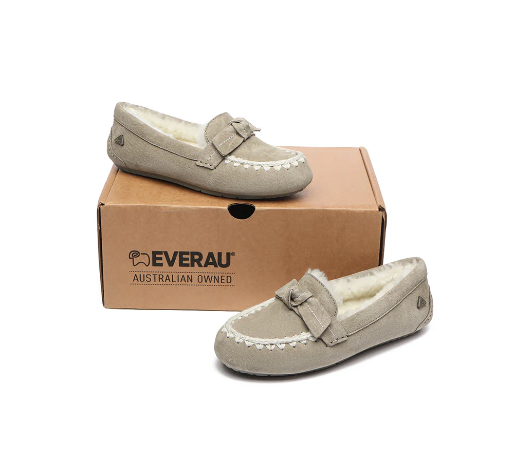 EVERAU? UGG Slippers Women Sheepskin Wool Bow Ankle Woven Moccasins