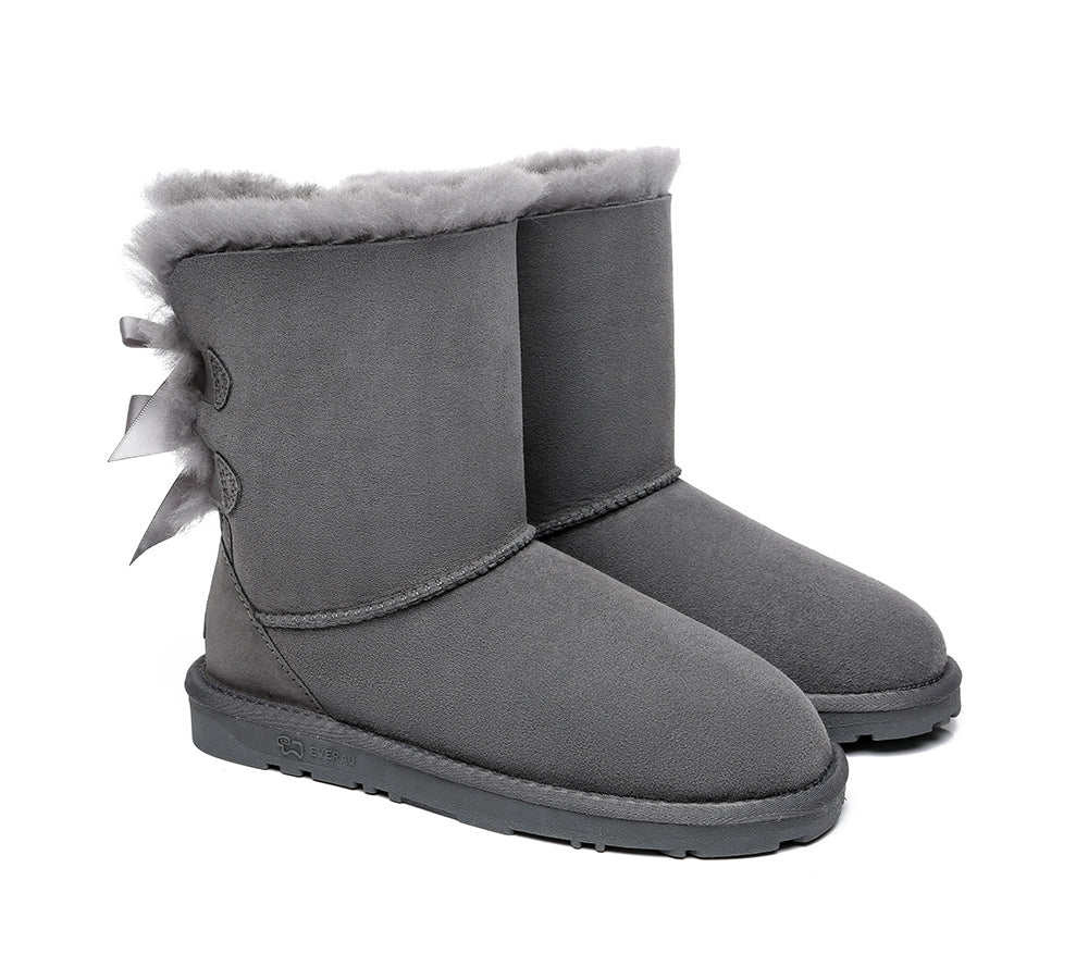 EVERAU? UGG Boots Women Sheepskin Wool Double Baily Short Back Bow