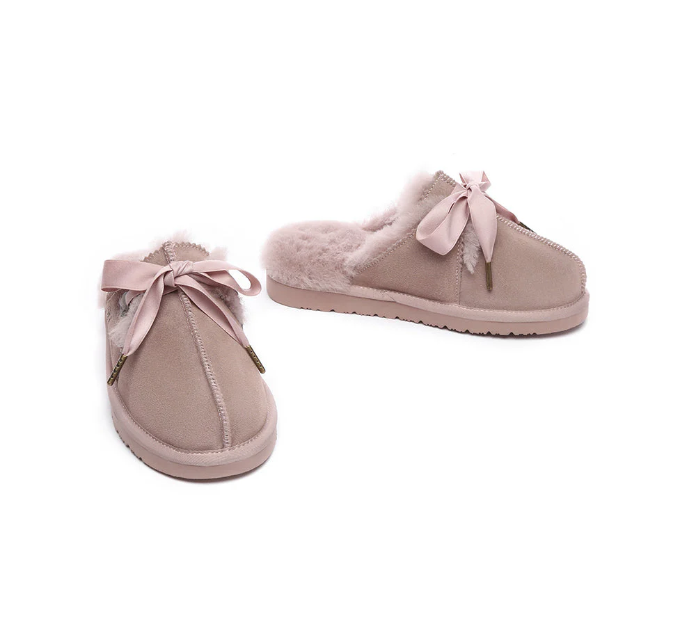 AUSTRALIAN SHEPHERD? UGG Slippers Women Sheepskin Wool Adjustable Ribbon Bow Ruby
