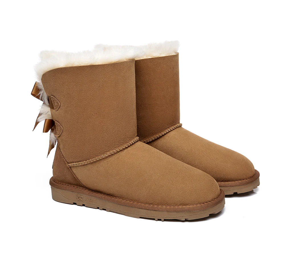 EVERAU? UGG Boots Women Sheepskin Wool Double Baily Short Back Bow