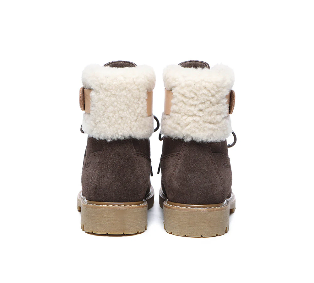 EVERAU? Women Sheepskin Wool Lace Up Fashion Boots Martin