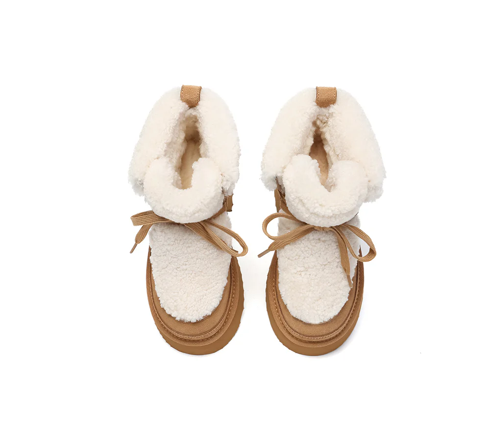 AUSTRALIAN SHEPHERD? UGG Boots Women Sheepskin Wool Lace Up Chunky Platform Bumpy