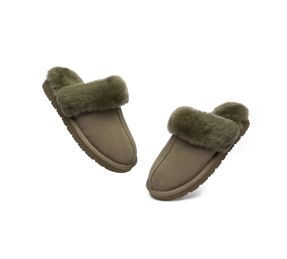 EVERAU? UGG Slippers Sheepskin Wool Suede Scuff Muffin
