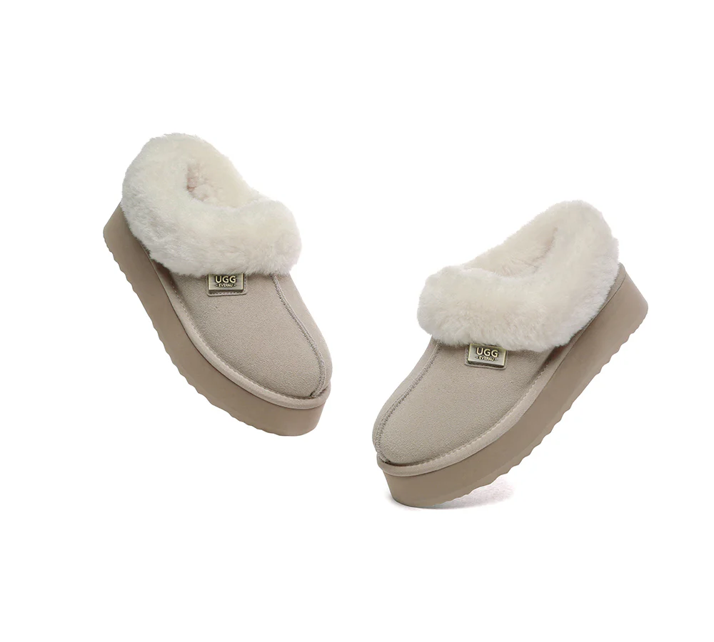 UGG EVERAU? UGG Slippers Women Sheepskin Wool Collar Ankle Platform Gabri