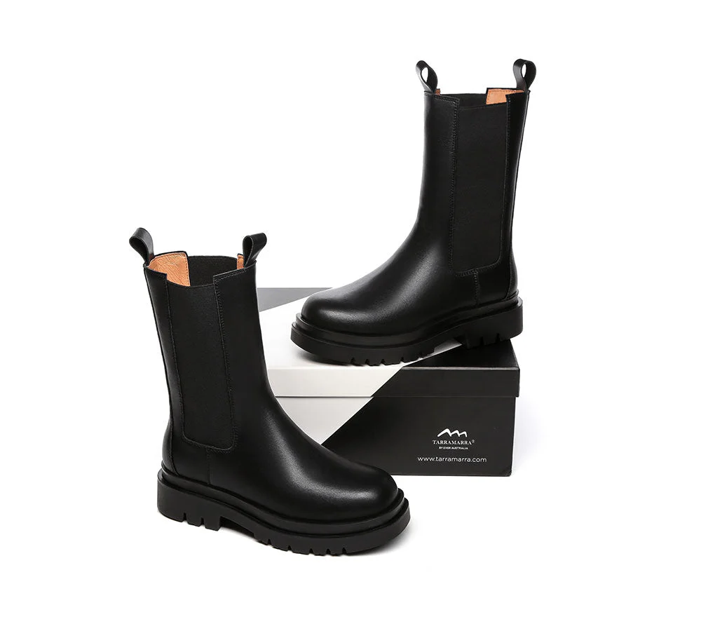 TARRAMARRA? Women Leather Block Heel Black Chunky Boots Sherry