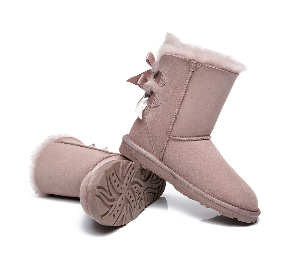 EVERAU? UGG Boots Women Sheepskin Wool Double Baily Short Back Bow