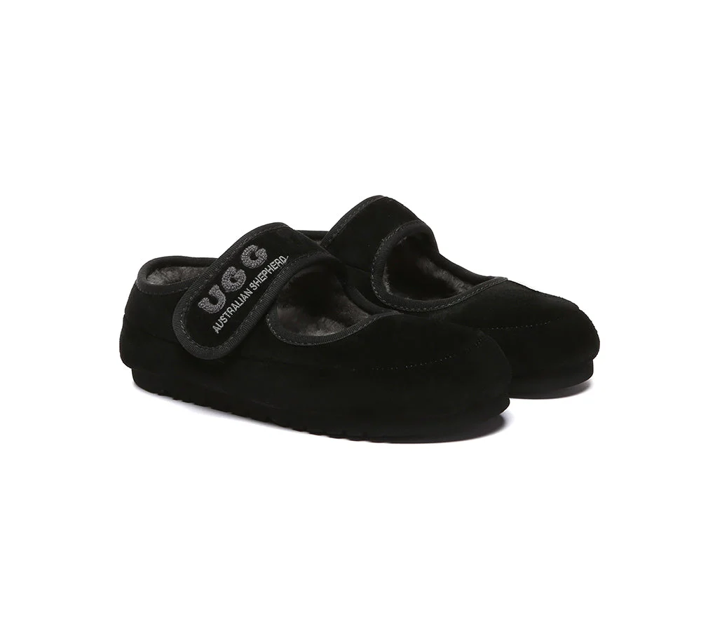 AUSTRALIAN SHEPHERD? UGG Slippers Sheepskin Wool Adjustable Strap Mary Jane Velvi