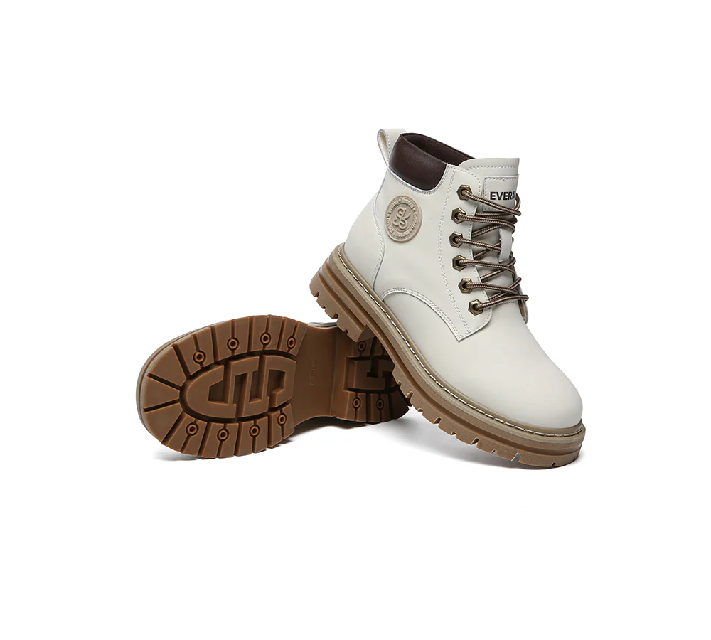 EVERAU? UGG Boots Women Leather Sheepskin Wool Lace Up Chunky Aubrey