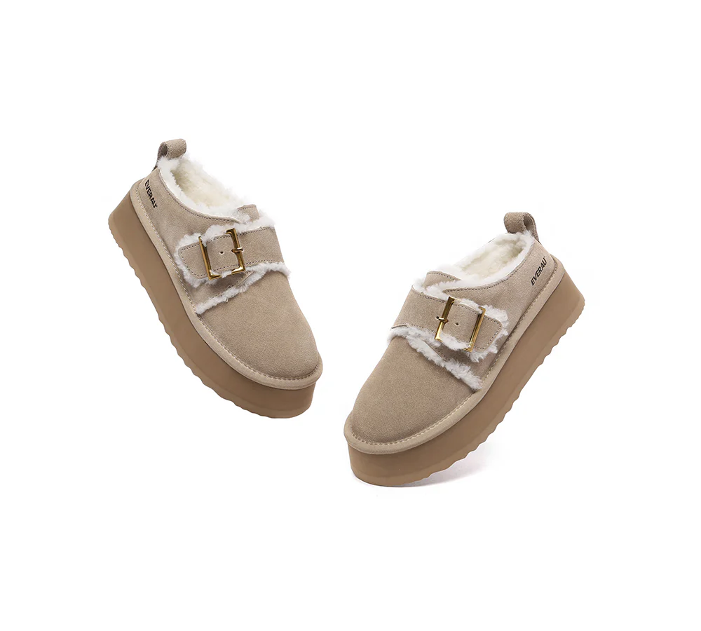 EVERAU? UGG Slippers Sheepskin Wool Adjustable Buckle Ankle Platform Tobias