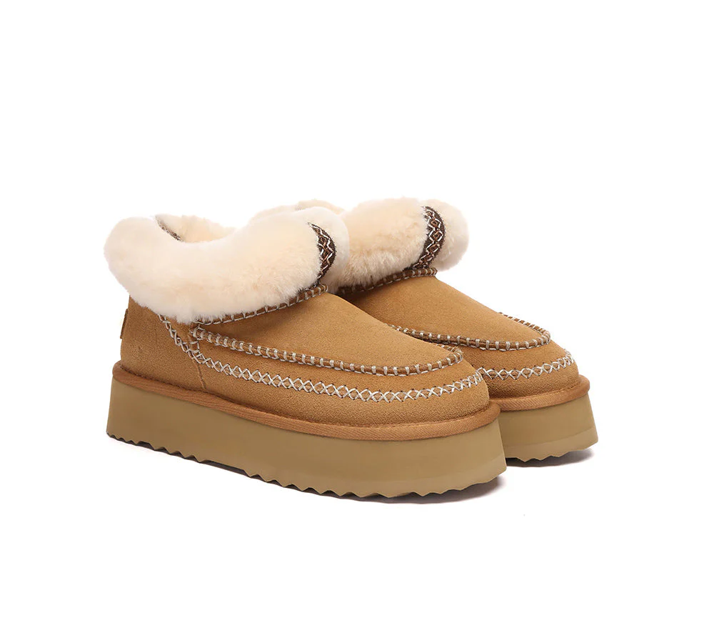 AUSTRALIAN SHEPHERD? UGG Boots Women Sheepskin Wool Collar Ankle Platform Mini Santana