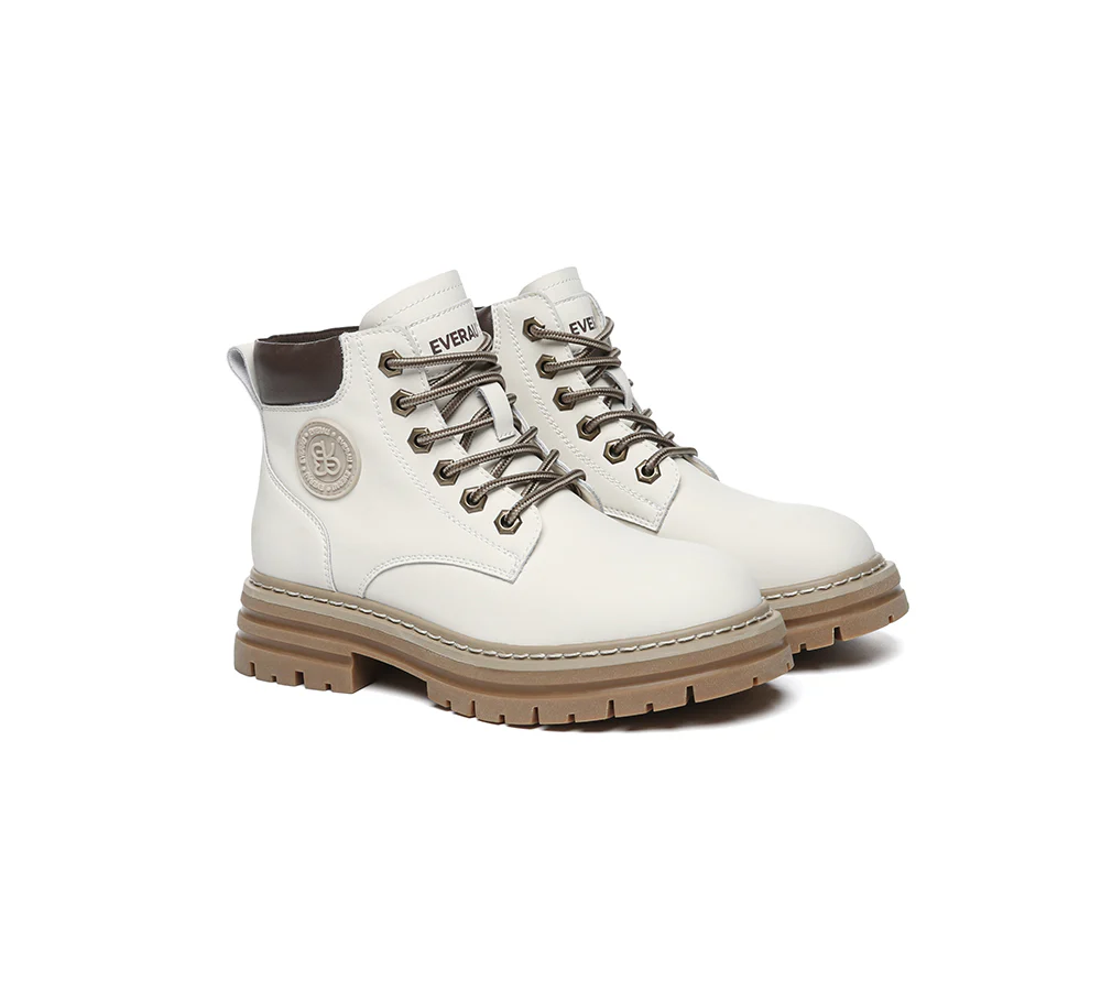 EVERAU? Women Leather Lace Up Chunky Boots Stephanie