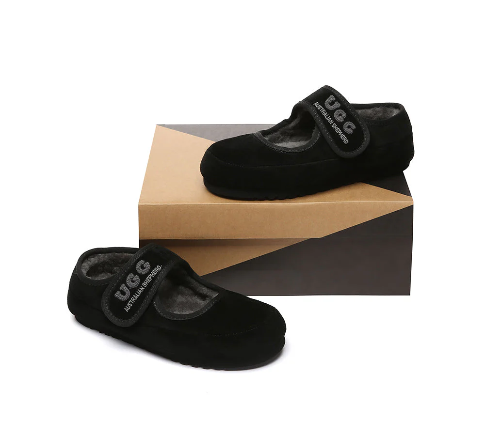 AUSTRALIAN SHEPHERD? UGG Slippers Sheepskin Wool Adjustable Strap Mary Jane Velvi