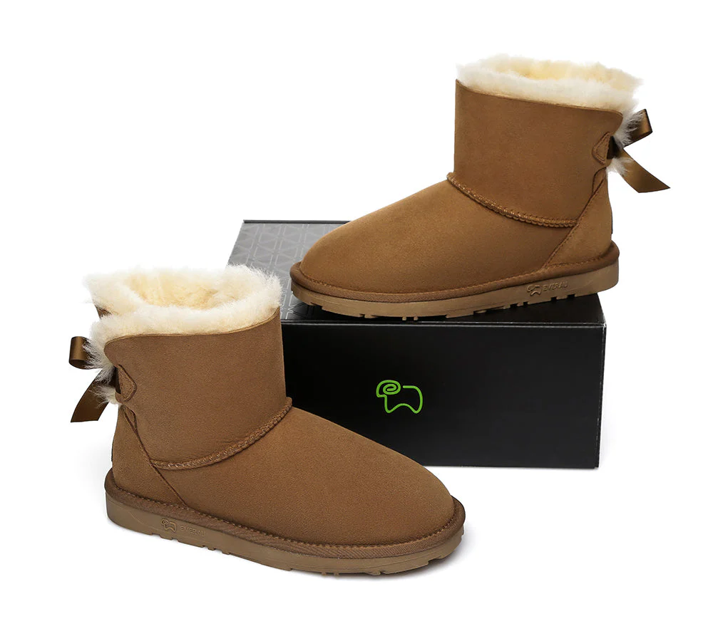 EVERAU? UGG Boots Women Sheepskin Wool Mini Single Back Bow