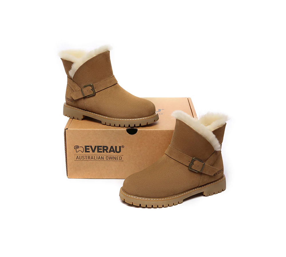 EVERAU? UGG Boots Women Sheepskin Wool Buckle Decor Ankle Polarwalk