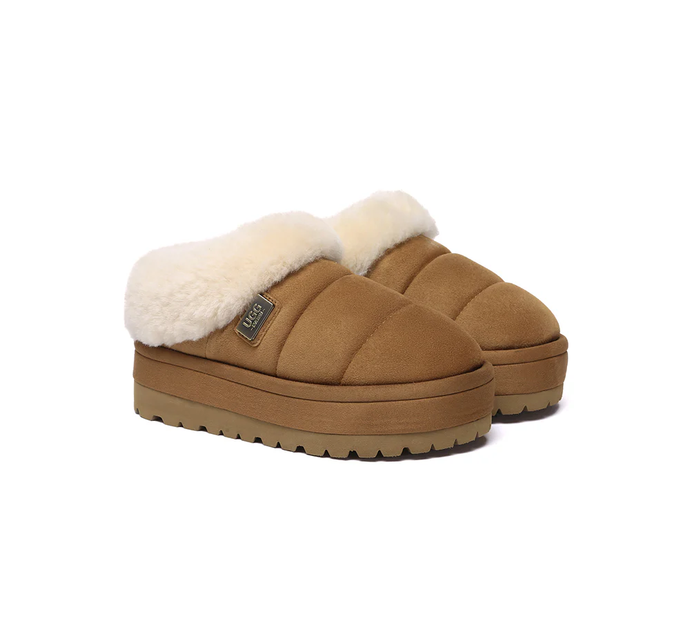 UGG EVERAU? UGG Slippers Women Sheepskin Wool Collar Ankle Platform Ulrika