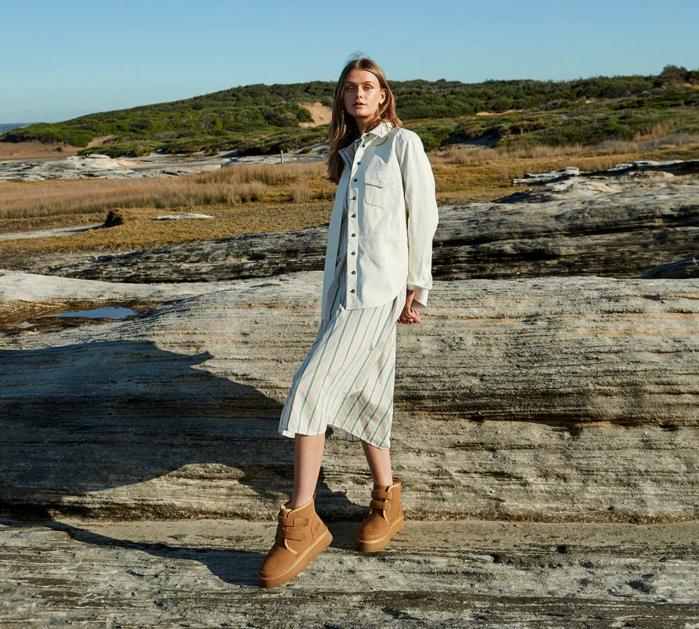 AUSTRALIAN SHEPHERD? UGG Boots Women Sheepskin Wool Hook and Loop Platform Vigour