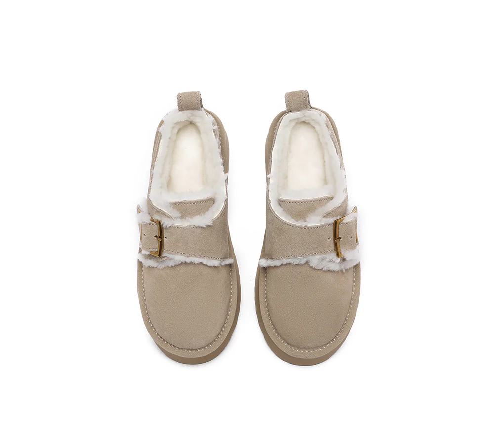 EVERAU? UGG Slippers Sheepskin Wool Adjustable Buckle Ankle Platform Tobias