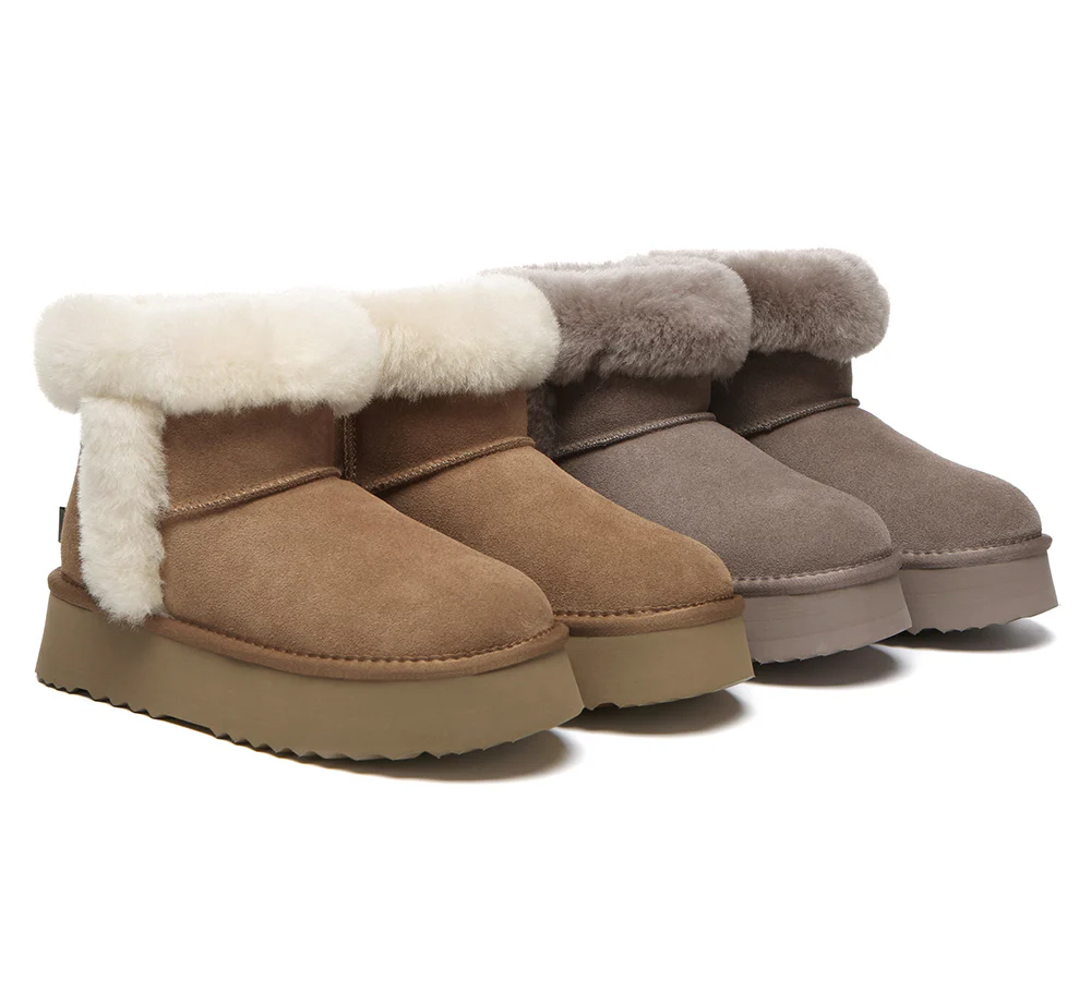 UGG EVERAU? UGG Boots Women Sheepskin Wool Shearling Lined Mini Platform Kazzi