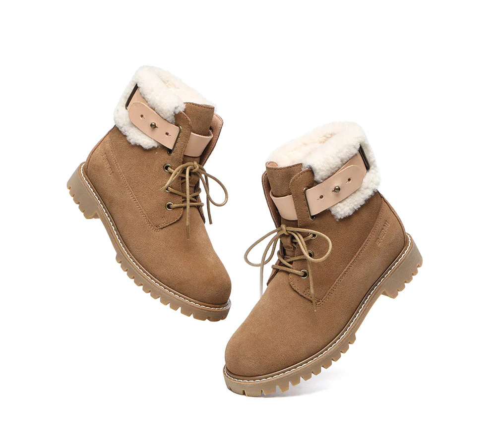 EVERAU? Women Sheepskin Wool Lace Up Fashion Boots Martin