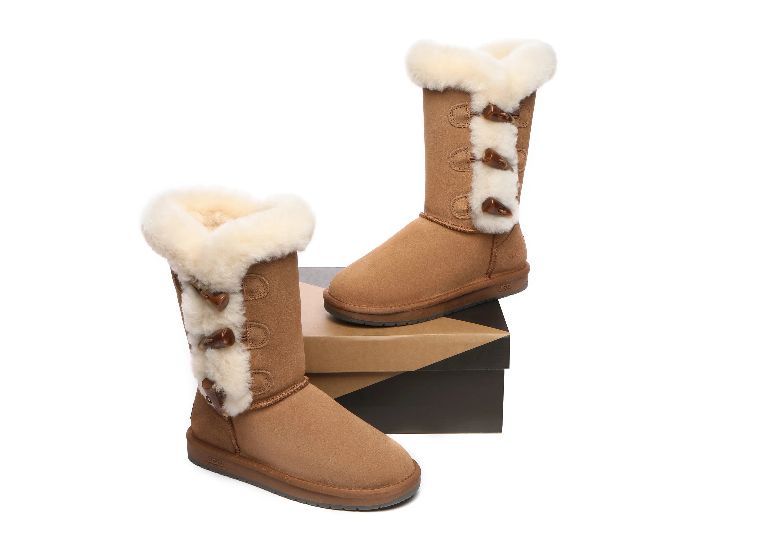 AUSTRALIAN SHEPHERD? UGG Boots Women Sheepskin Wool Horn Toggle Closure Tall Tamari