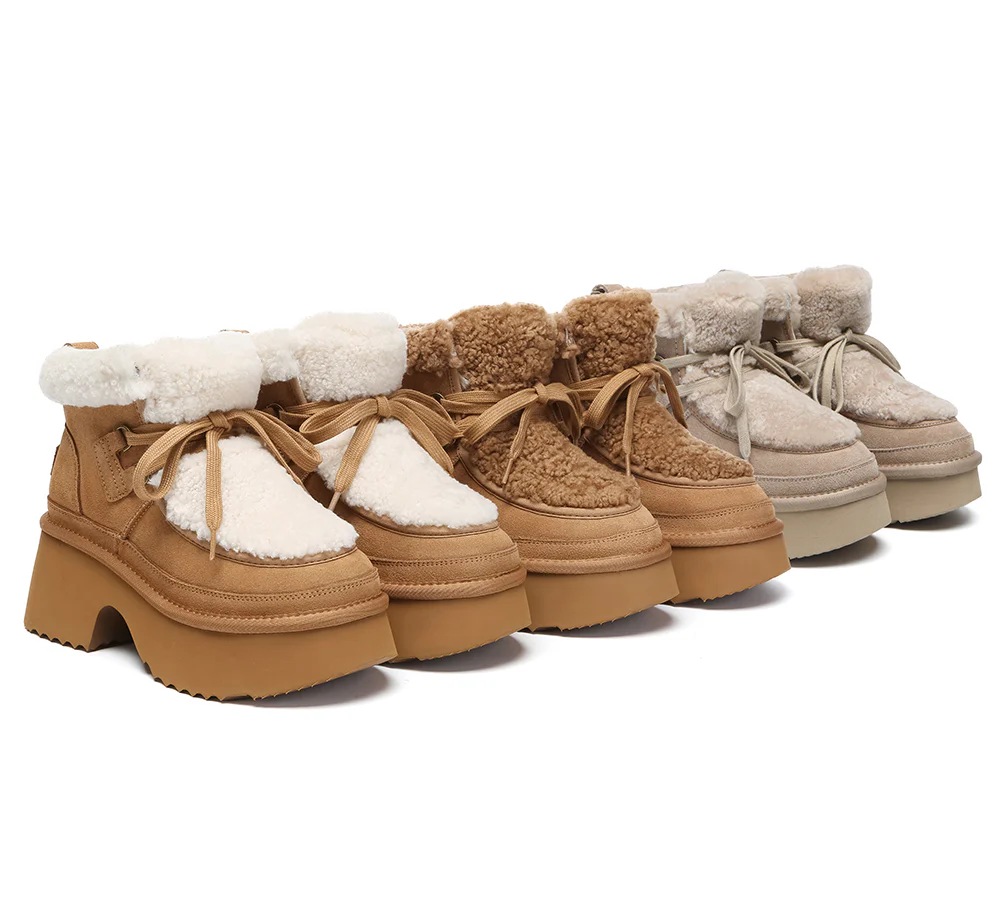AUSTRALIAN SHEPHERD? UGG Boots Women Sheepskin Wool Lace Up Chunky Platform Bumpy