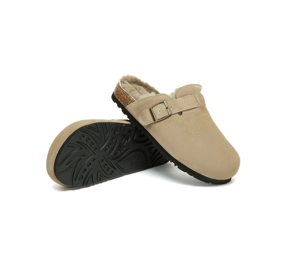 EVERAU? UGG Slippers Sheepskin Wool Adjustable Strap Clog Hazco