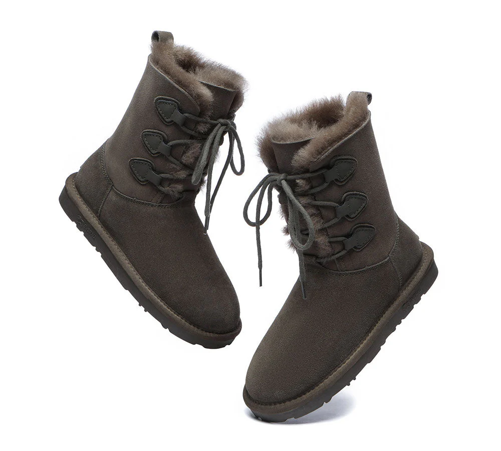 EVERAU? UGG Boots Women Sheepskin Wool Lace Up Tall Stark