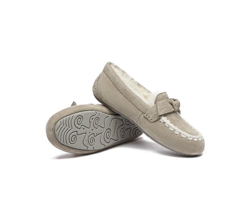 EVERAU? UGG Slippers Women Sheepskin Wool Bow Ankle Woven Moccasins