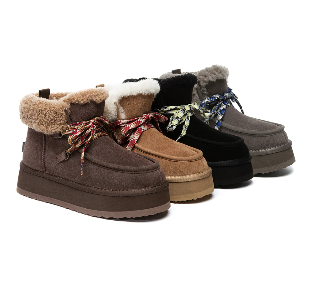 UGG EVERAU? UGG Boots Women Sheepskin Wool Lace Up Ankle Platform Honour