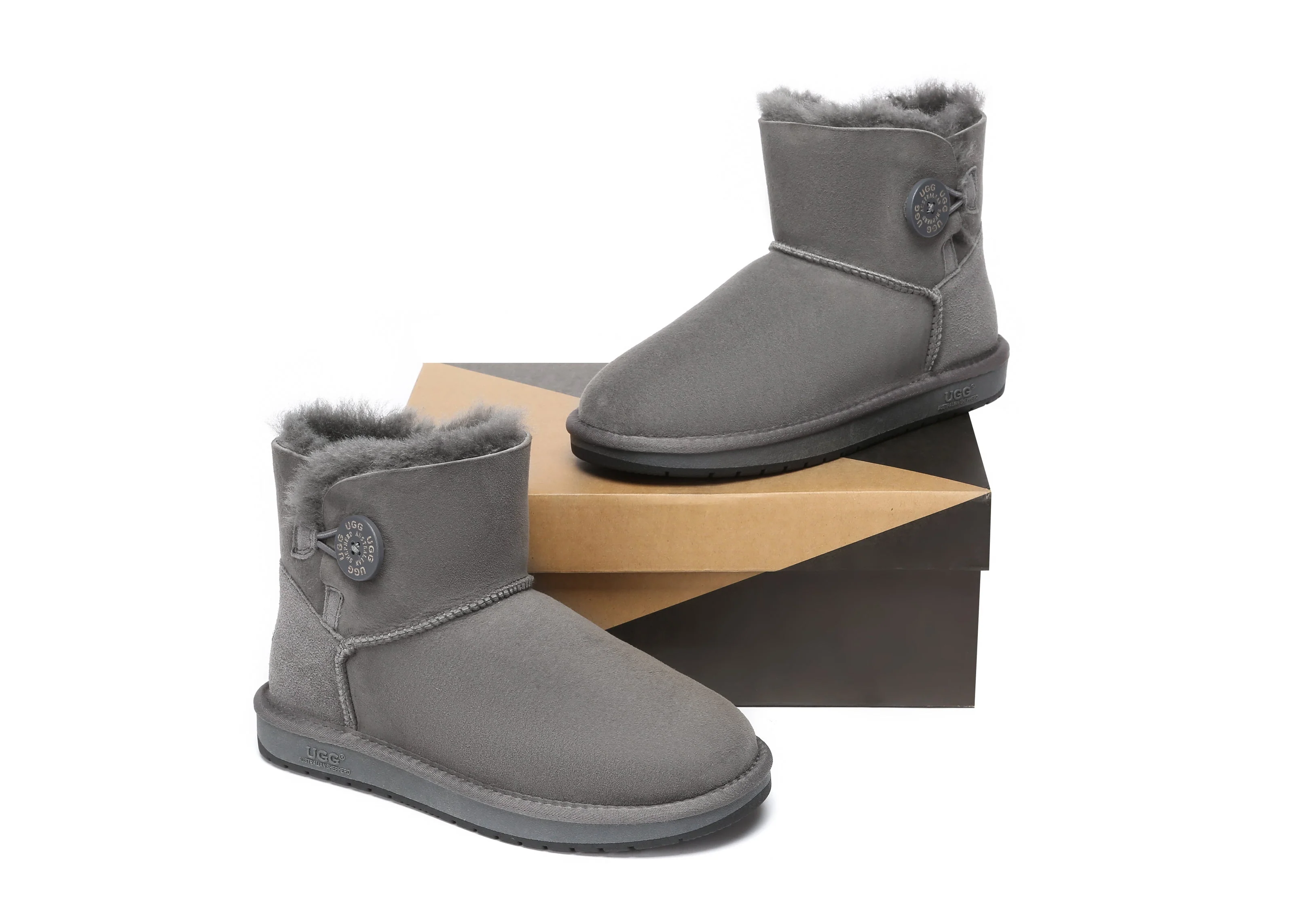 AUSTRALIAN SHEPHERD? UGG Boots Double Face Sheepskin Wool Mini Button