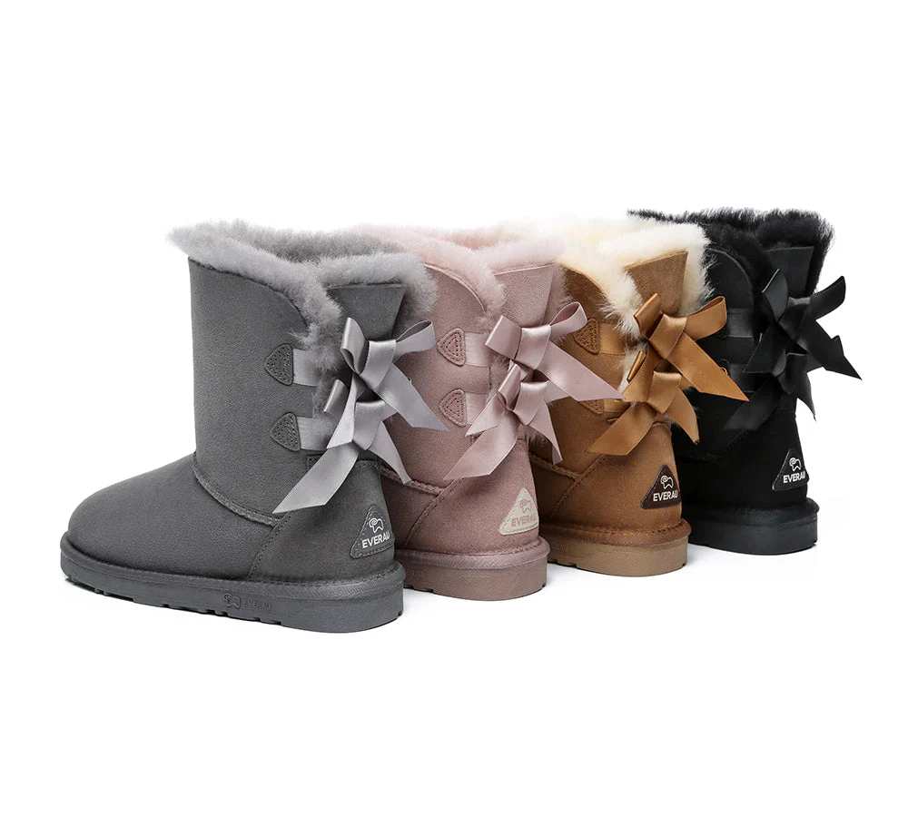 EVERAU? UGG Boots Women Sheepskin Wool Double Baily Short Back Bow