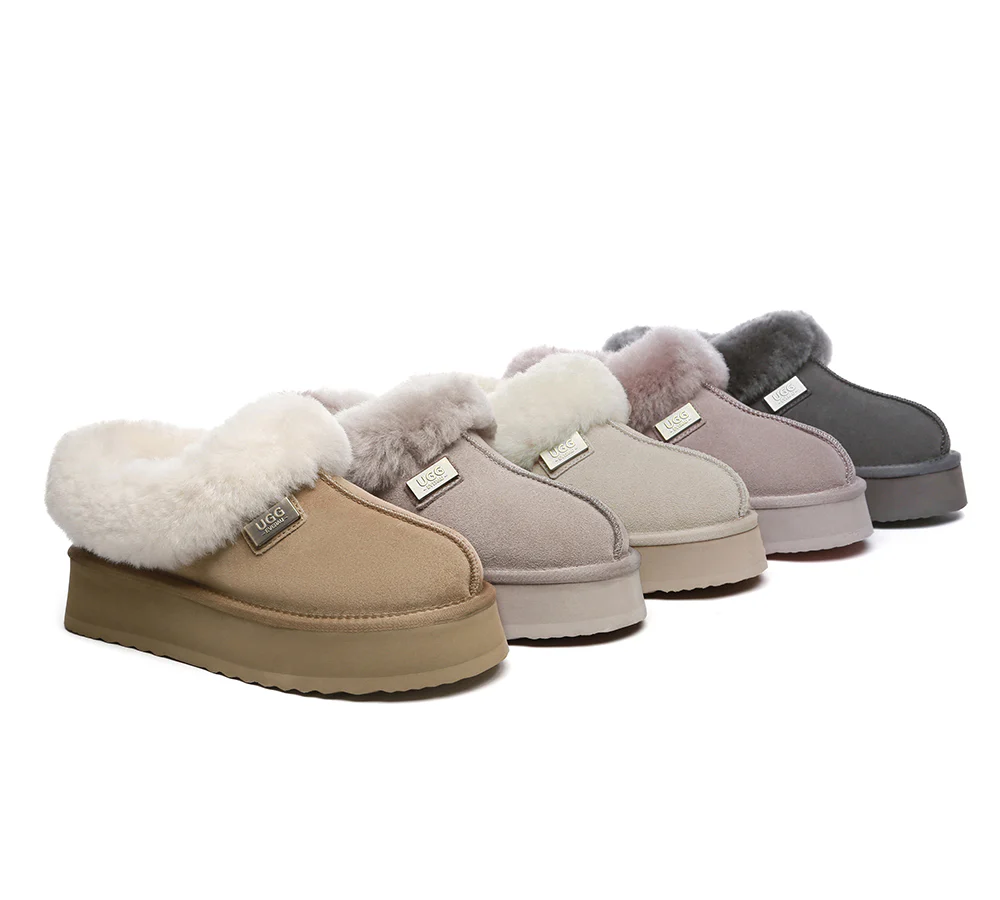 UGG EVERAU? UGG Slippers Women Sheepskin Wool Collar Ankle Platform Gabri