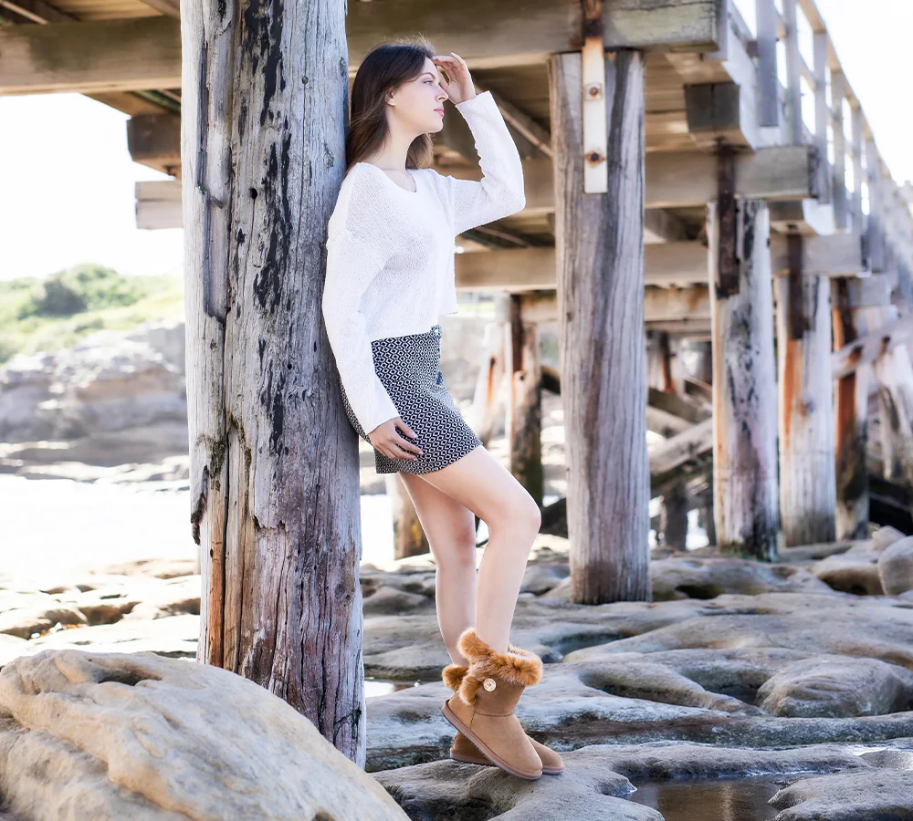 AUSTRALIAN SHEPHERD? UGG Boots Women Sheepskin Wool Collar Short Button Donna