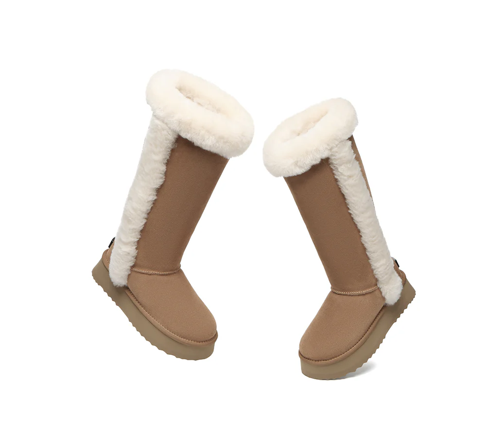 UGG EVERAU? UGG Boots Women Sheepskin Wool Shearling Lined Tall Platform Kazzi