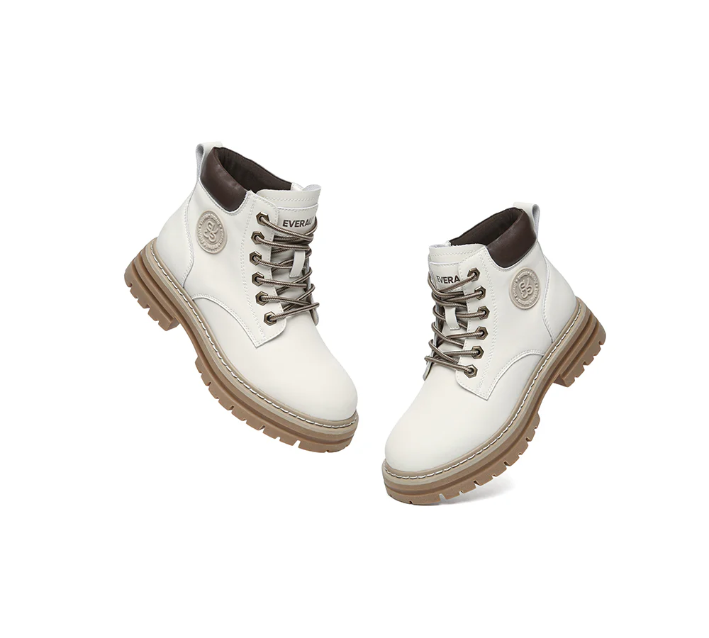 EVERAU? Women Leather Lace Up Chunky Boots Stephanie