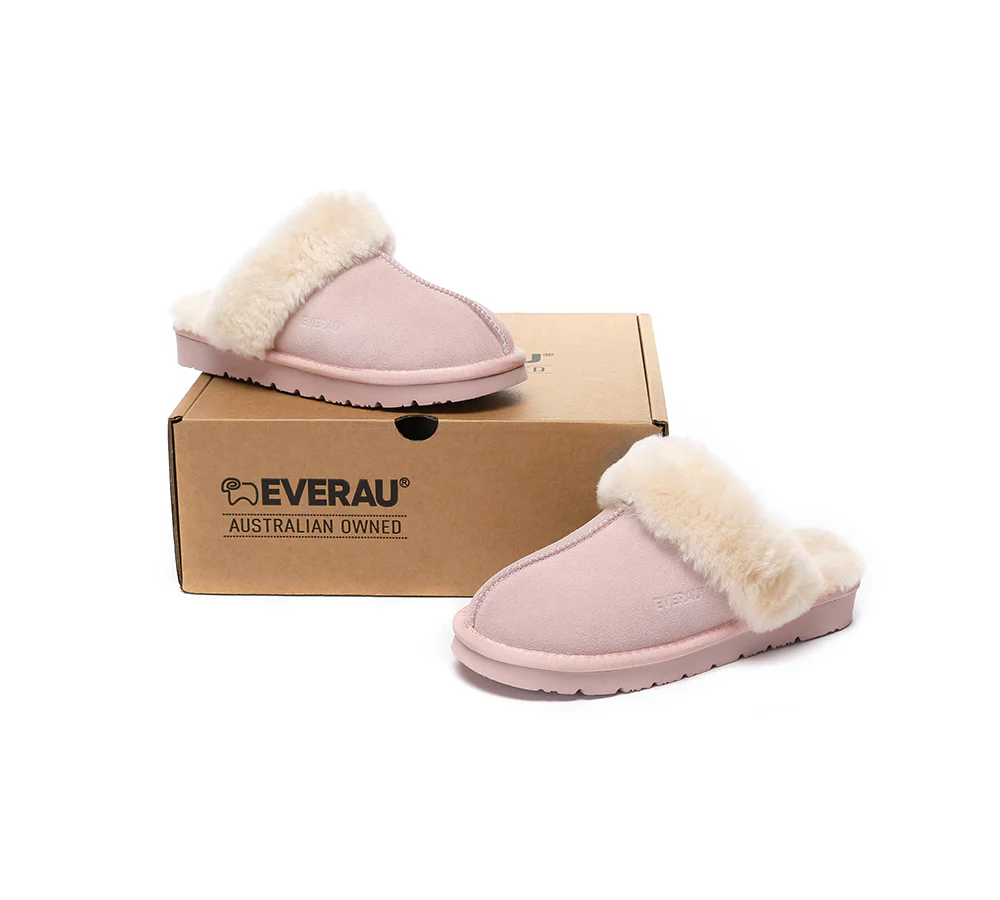 EVERAU? UGG Slippers Sheepskin Wool Suede Scuff Muffin