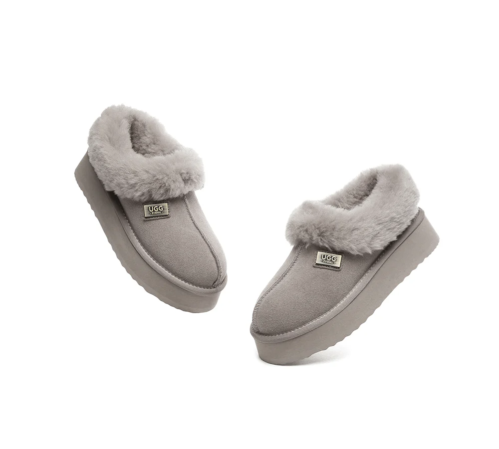UGG EVERAU? UGG Slippers Women Sheepskin Wool Collar Ankle Platform Gabri