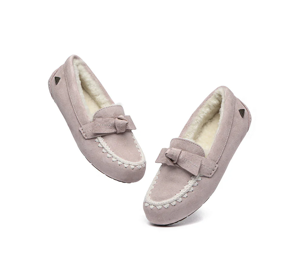 EVERAU? UGG Slippers Women Sheepskin Wool Bow Ankle Woven Moccasins