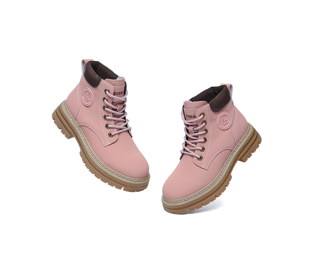 EVERAU? Women Leather Lace Up Chunky Boots Stephanie