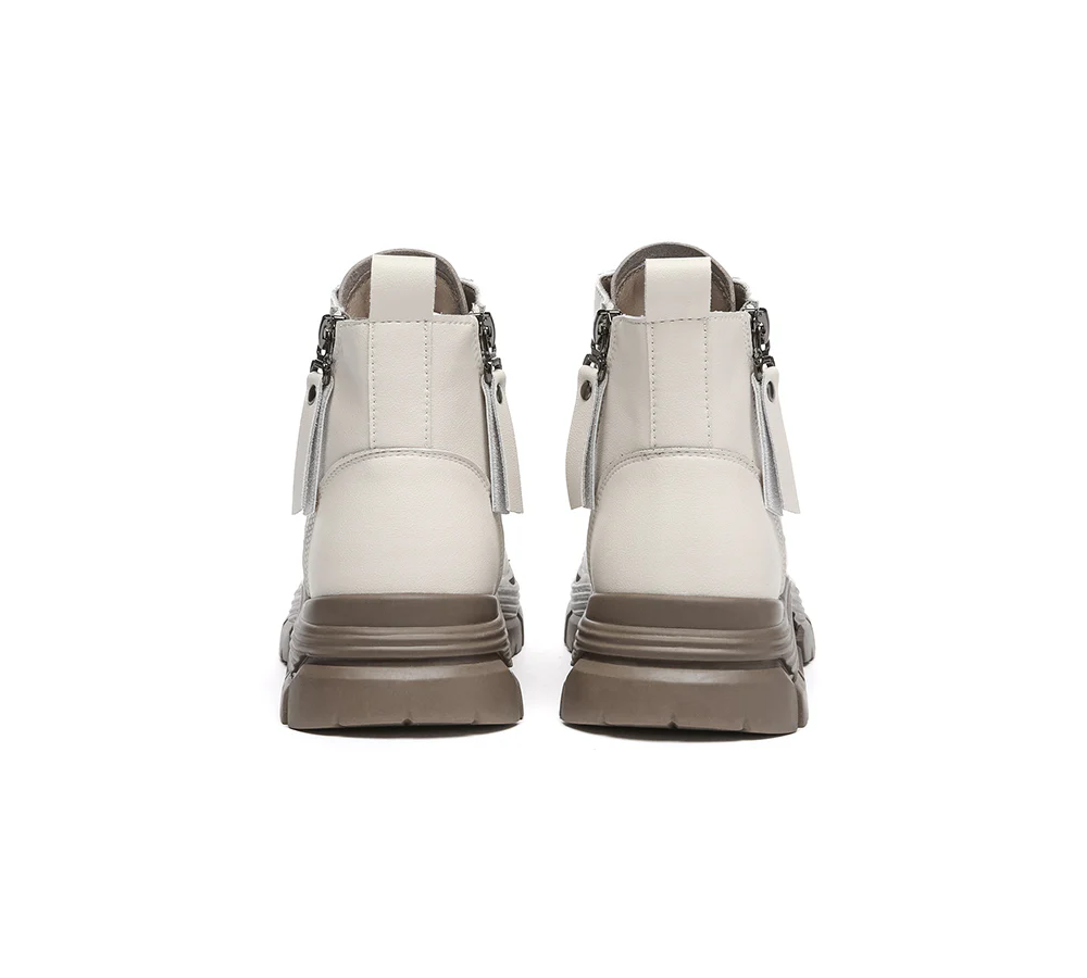 EVERAU? Women Leather Lace Up Zipper Chunky Boots Lorrin