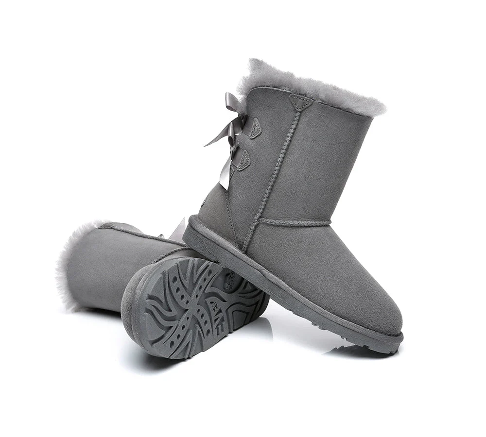 EVERAU? UGG Boots Women Sheepskin Wool Double Baily Short Back Bow