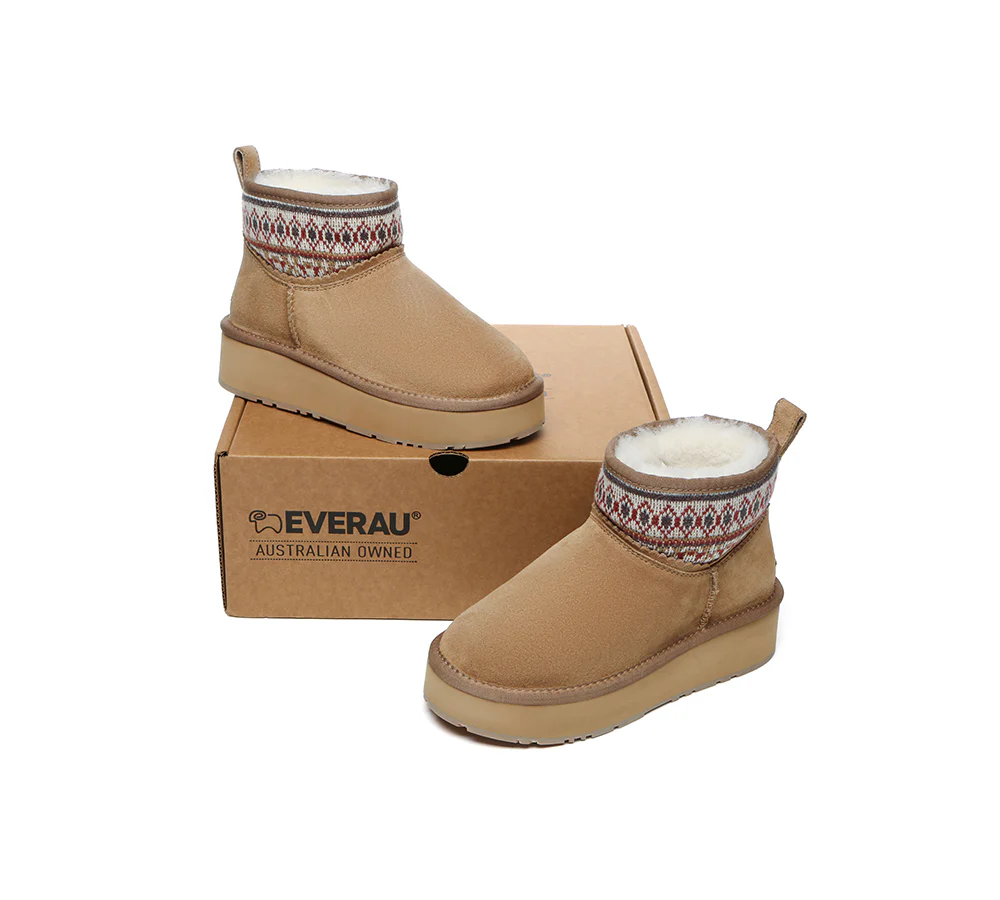 EVERAU? UGG Boots Sheepskin Wool Woven Ankle Platform Grantlee