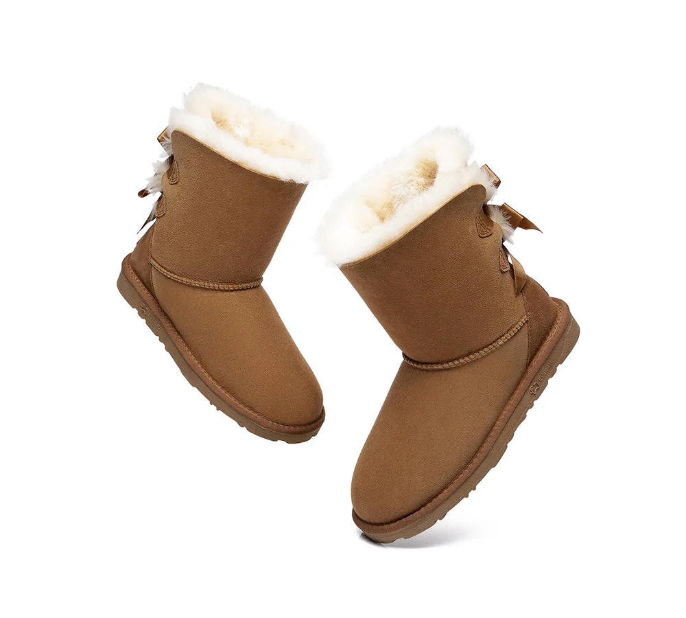 EVERAU? UGG Boots Women Sheepskin Wool Double Baily Short Back Bow