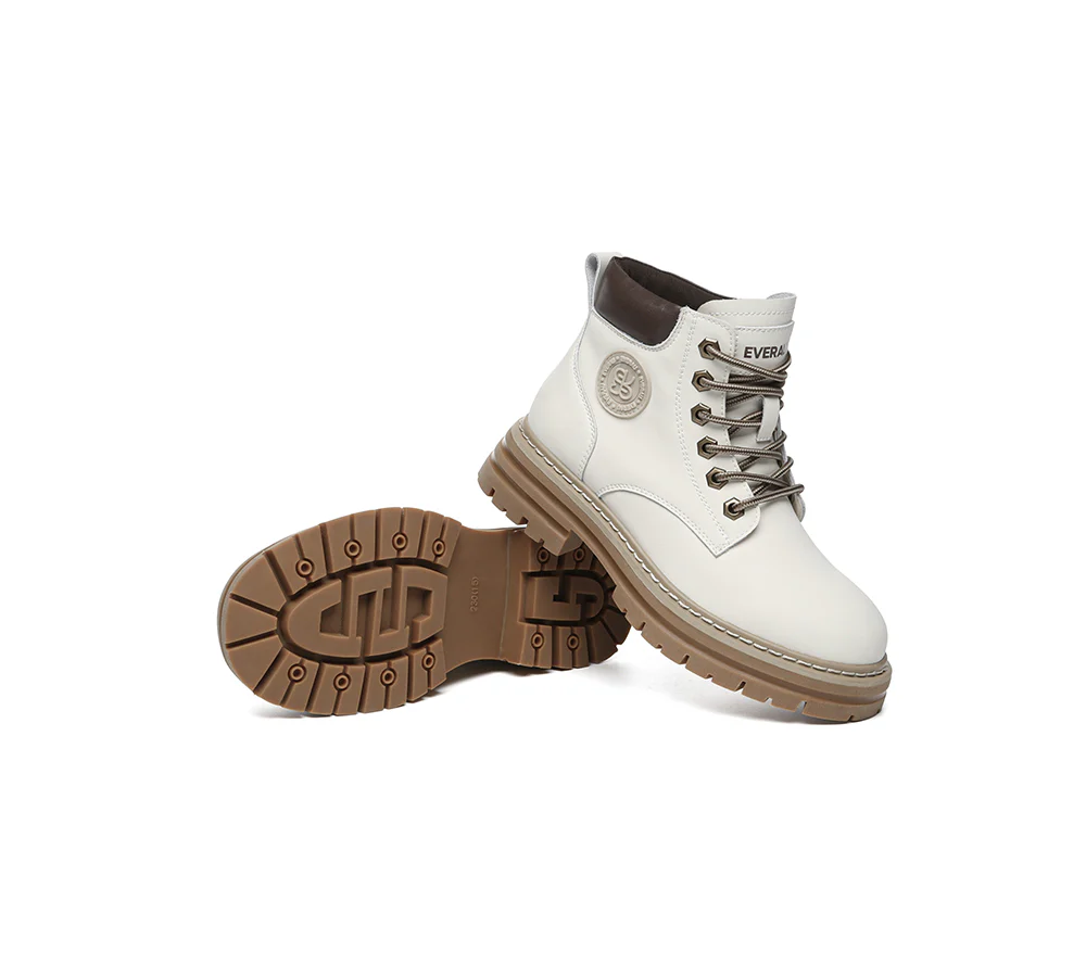 EVERAU? Women Leather Lace Up Chunky Boots Stephanie