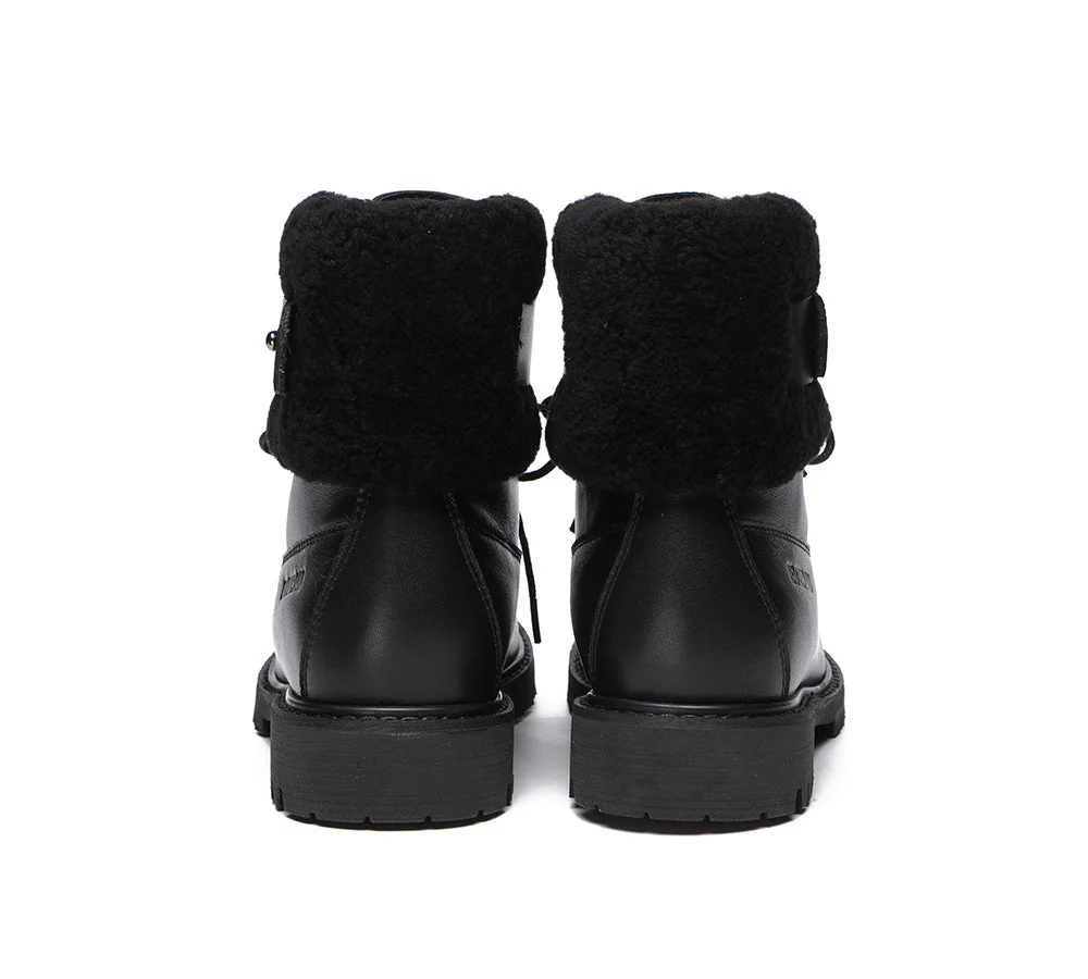 EVERAU? Women Sheepskin Wool Lace Up Fashion Boots Martin