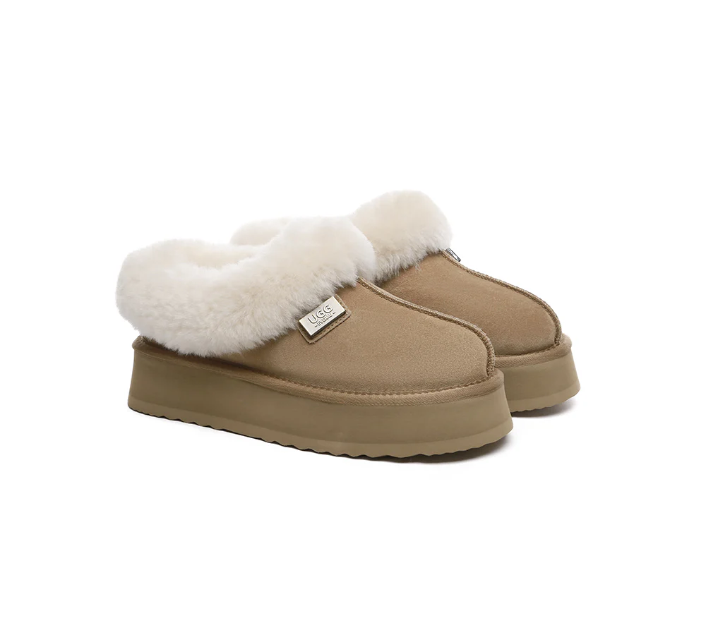 UGG EVERAU? UGG Slippers Women Sheepskin Wool Collar Ankle Platform Gabri