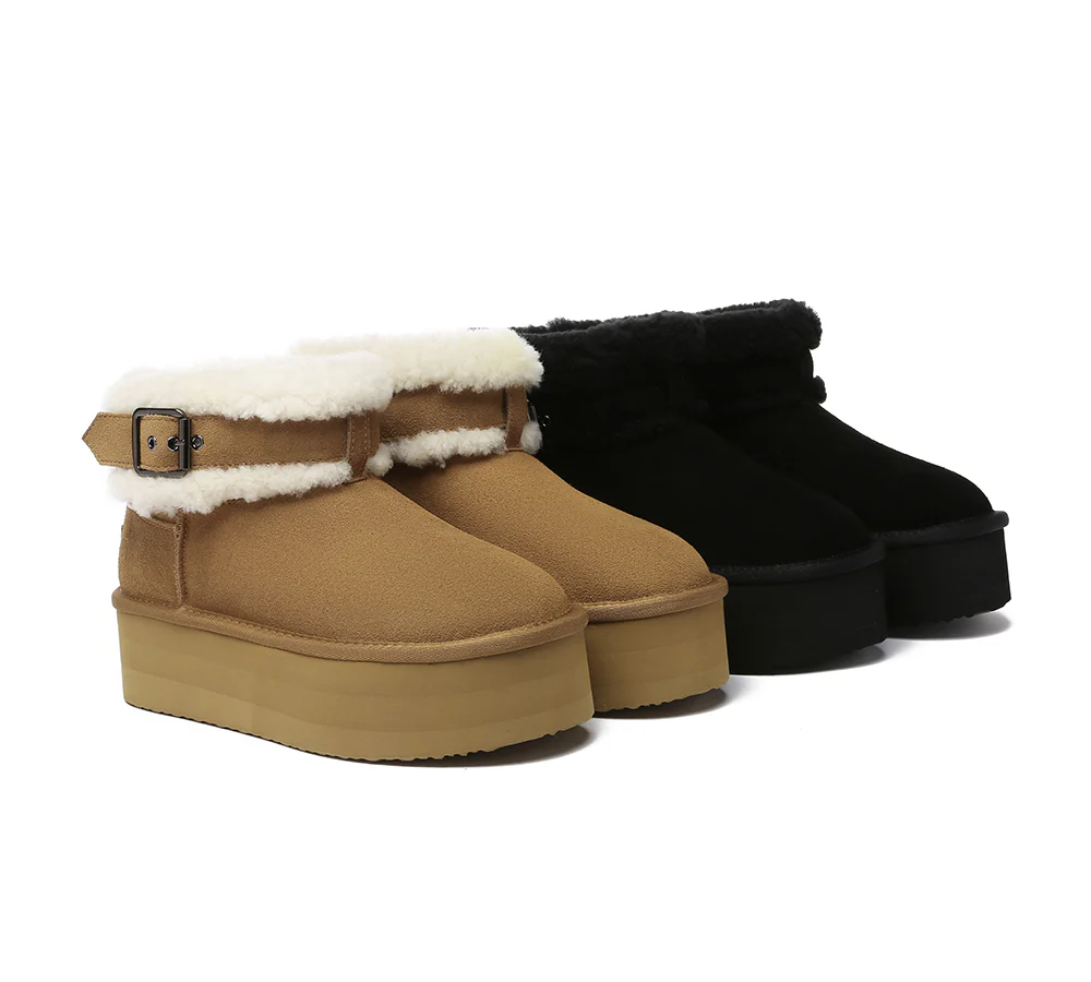 UGG EVERAU? UGG Boots Sheepskin Wool Adjustable Buckle Ankle Platform Ula