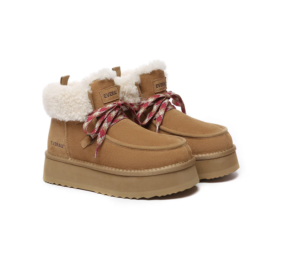 EVERAU? UGG Boots Women Sheepskin Wool Lace Up Ankle Platform Honour